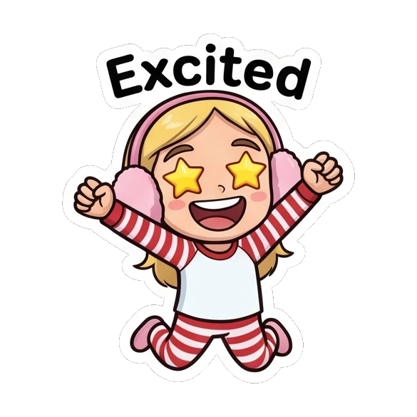Blonde girl jumping with excitement and star-shaped eyes. Blonde Girl Daily Life sticker for expressive chats and social replies.