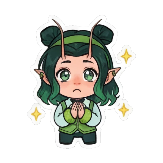 Girl praying with a soft smile and sparkles Green Mantis Girl Adventures sticker for expressive chats and social replies.