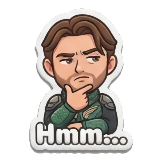 Thoughtful hero resting chin on hand saying Hmm. Heroic Daily Vibes sticker for expressive chats and social replies.
