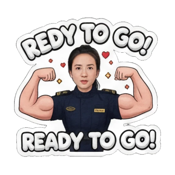 Officer strong, flexing muscles, declaring "READY TO GO!". Delivery Dispatcher's Diary sticker for expressive chats and social replies.