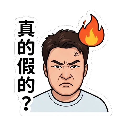 Man looking angry with fire icon above head, text '真的假的？' Everyday Life of a Friendly Guy sticker for expressive chats and social replies.