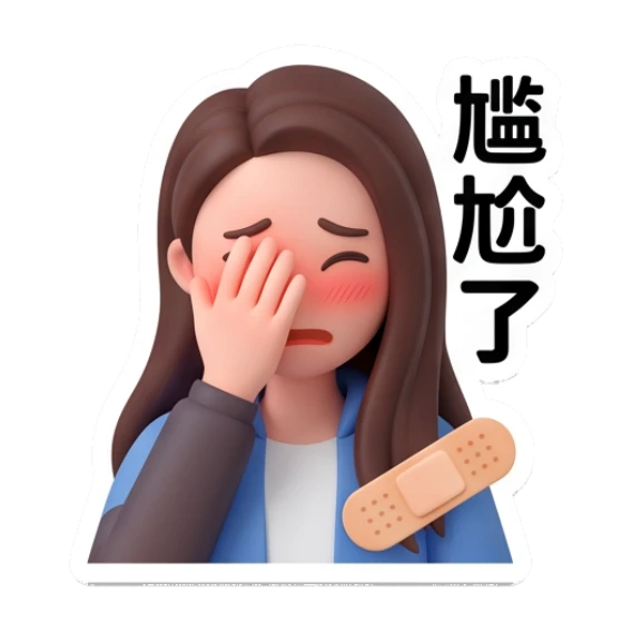 Girl covering face, embarrassed, text '尴尬了' Modern Girl Daily Life sticker for expressive chats and social replies.