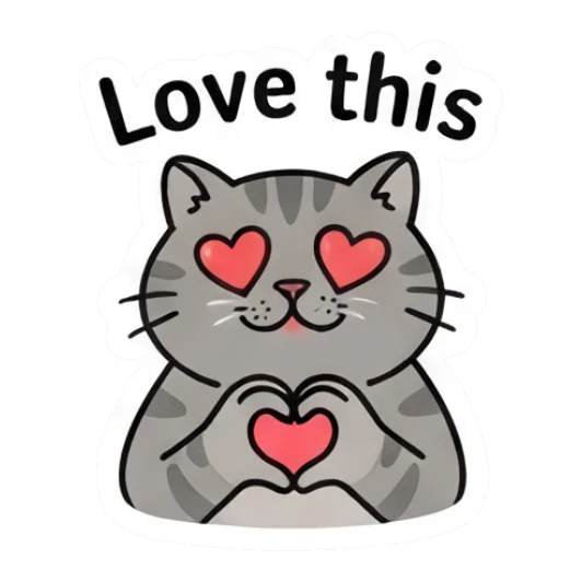 Grey cat making a heart shape with paws and text Love this Grumpy Grey Cat Daily sticker for expressive chats and social replies.
