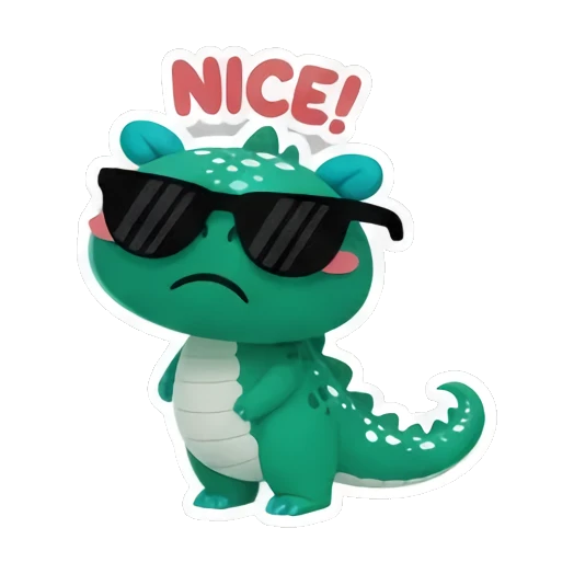 Green dinosaur wearing sunglasses looking cool with NICE text Little Green Dino Adventures sticker for expressive chats and social replies.