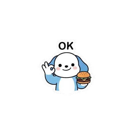 Cute puppy making OK sign with burger Blue Puppy Burger Buddy sticker for expressive chats and social replies.