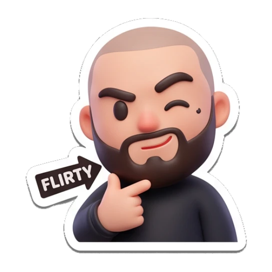 Bearded man winking and pointing at chin, text FLIRTY Bearded Buddy Expressions sticker for expressive chats and social replies.