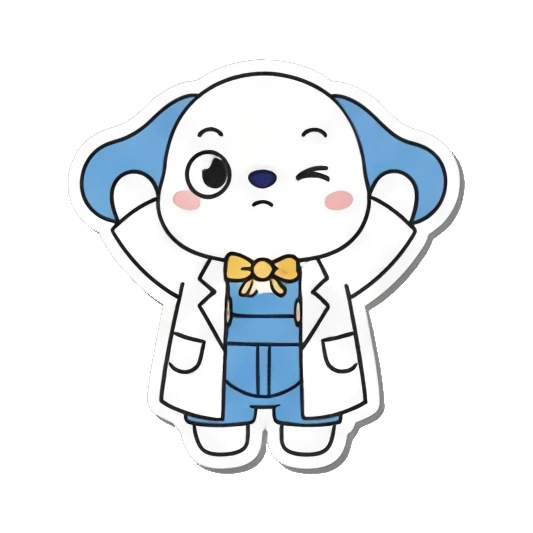 Puppy shrugging in lab coat Little Scientist Puppy sticker for expressive chats and social replies.