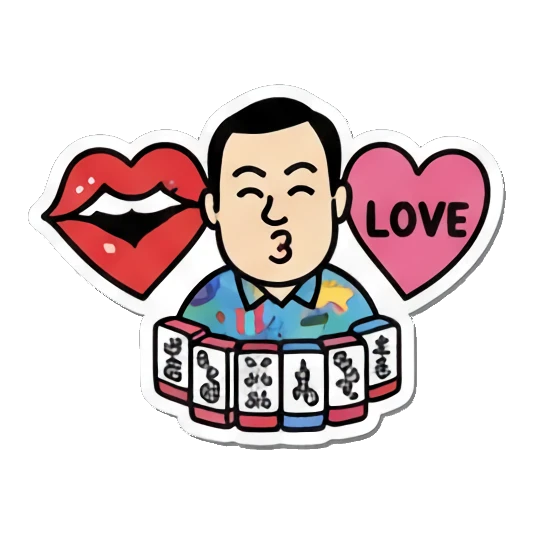 Man holds large heart shapes with 'LOVE' text and mahjong tiles. Mahjong Master Daily sticker for expressive chats and social replies.