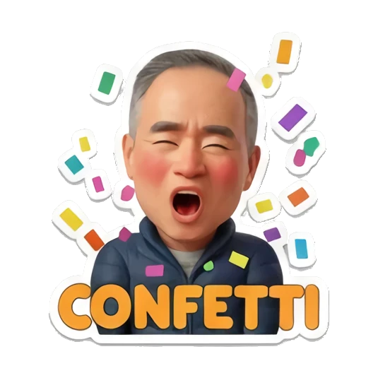 Man celebrating with confetti falling saying 'CONFETTI' Cheerful Middle-Aged Gentleman sticker for expressive chats and social replies.