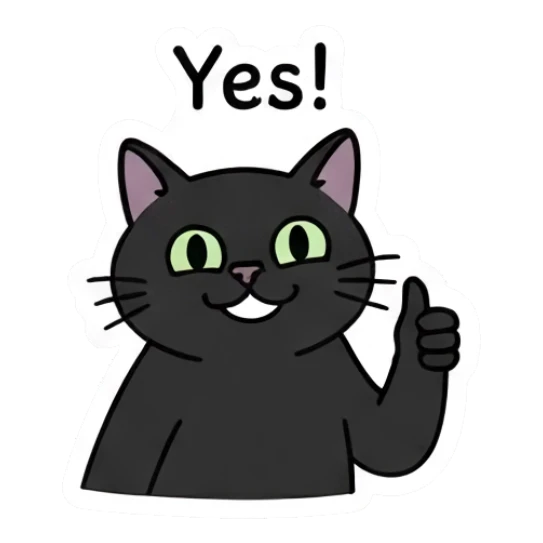 Happy black cat giving a thumbs up saying Yes! Playful Black Cat Moods sticker for expressive chats and social replies.