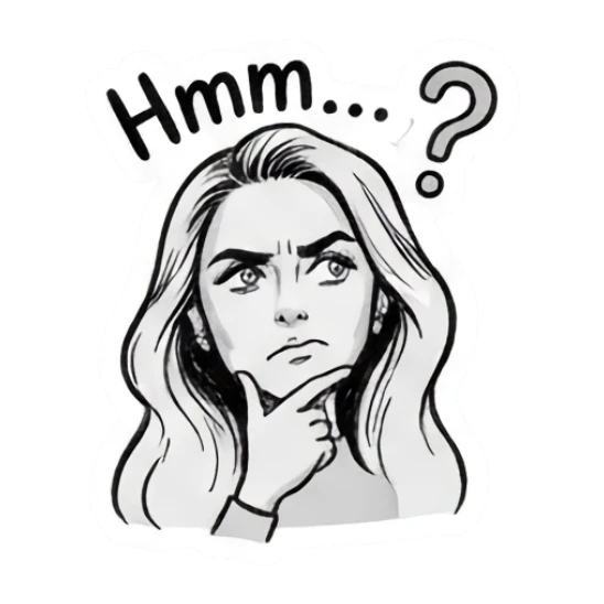 Girl thinking with hand on chin saying Hmm Doodle Girl Expressions sticker for expressive chats and social replies.