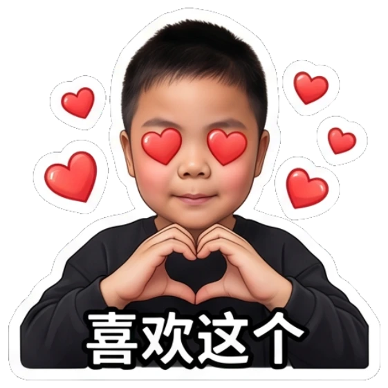 Boy making a heart shape with hands and heart icons, labeled '喜欢这个'. Little Astronaut Daily sticker for expressive chats and social replies.