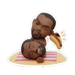 Man lying on a beach towel with a taco, text TIRED... Summer Beach Vibes sticker for expressive chats and social replies.