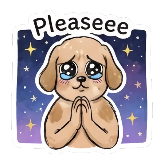 Cute puppy with sad eyes and prayer hands, starry background. Doodle Girl Vibes sticker for expressive chats and social replies.