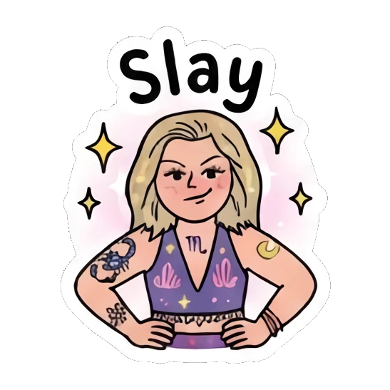 Confident girl with hands on hips, saying Slay Festival Boho Girl sticker for expressive chats and social replies.