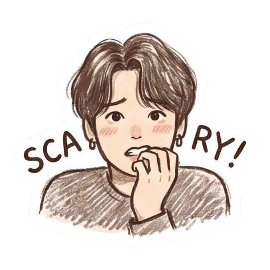 Boy looking scared and biting nails, text SCARY! Crayon Boy Daily Moods sticker for expressive chats and social replies.