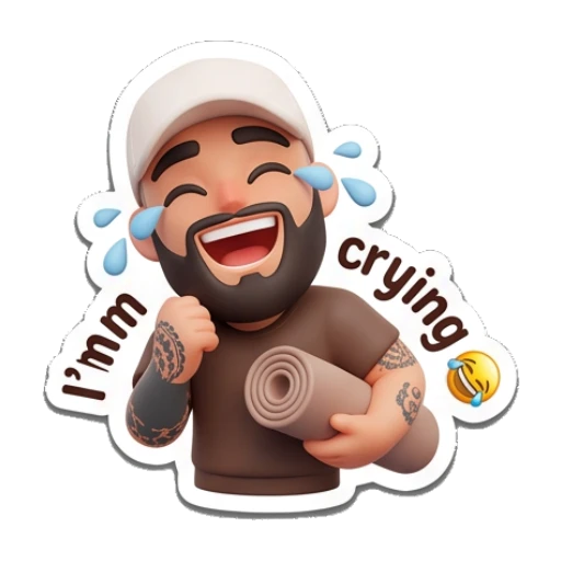 Bearded man crying while holding a yoga mat, text 'I'm crying' Gym Bro Daily Life sticker for expressive chats and social replies.