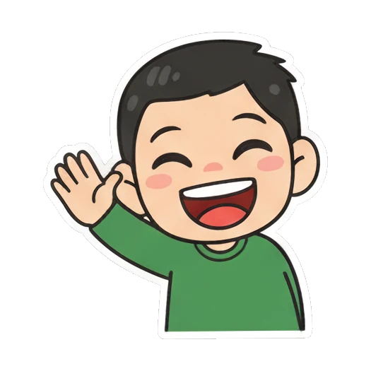 Boy waving hello with a happy smile Cheerful Green Shirt Boy sticker for expressive chats and social replies.