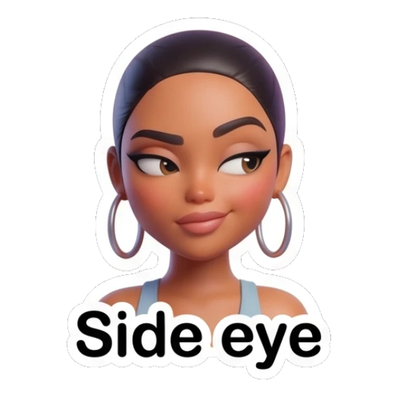 Sassy girl giving a side-eye glance, text says Side eye. Modern Chic Girl Expressions sticker for expressive chats and social replies.
