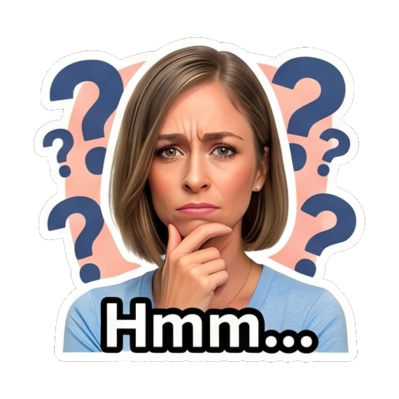 Woman thinking with hand on chin, text 'Hmm...' Daily Life Expressions sticker for expressive chats and social replies.