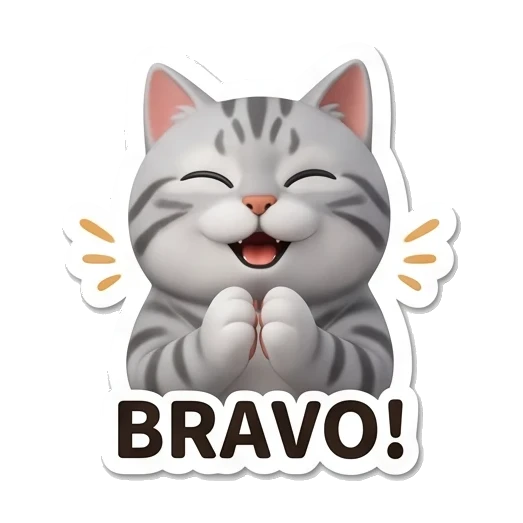 Gray tabby cat clapping hands together with BRAVO text Cheerful Gray Tabby Cat sticker for expressive chats and social replies.