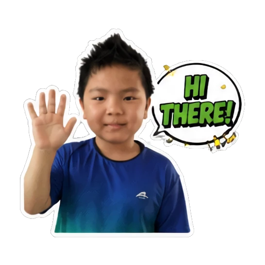 Young boy waving hello with 'HI THERE!' text Energetic Boy Daily Expressions sticker for expressive chats and social replies.