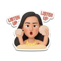 Girl listening with seashells, text LISTEN UP Summer Beach Girl Vibes sticker for expressive chats and social replies.