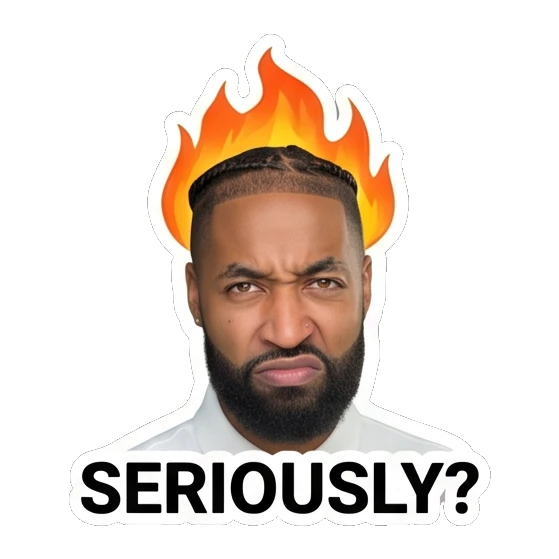 Bearded man looking angry with flames above his head Daily Vibes with Marcus sticker for expressive chats and social replies.