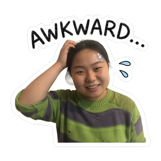 Young woman looking awkward scratching head with 'AWKWARD...' text Cheerful Daily Expressions sticker for expressive chats and social replies.