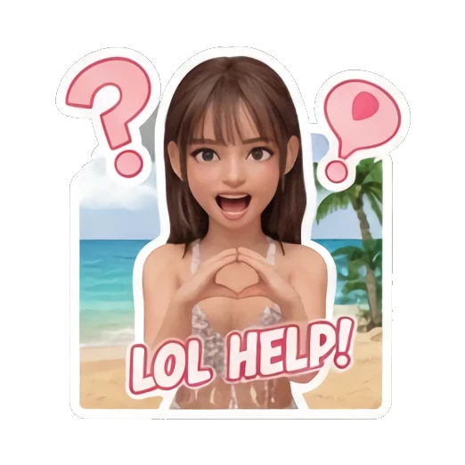 Girl making heart shape with hands and question mark saying LOL HELP Summer Beach Girl Vibes sticker for expressive chats and social replies.