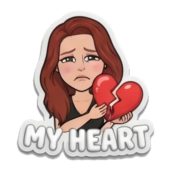 Red-haired girl holding a broken heart, text MY HEART Red-Haired Girl Daily Moods sticker for expressive chats and social replies.