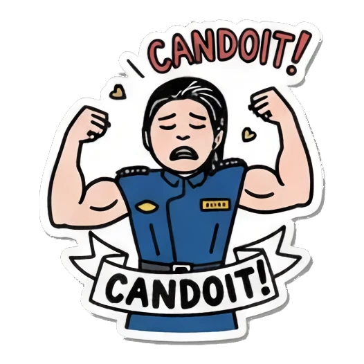 Flexing muscles, determined 'CANDOIT!' Officer's Daily Moods sticker for expressive chats and social replies.