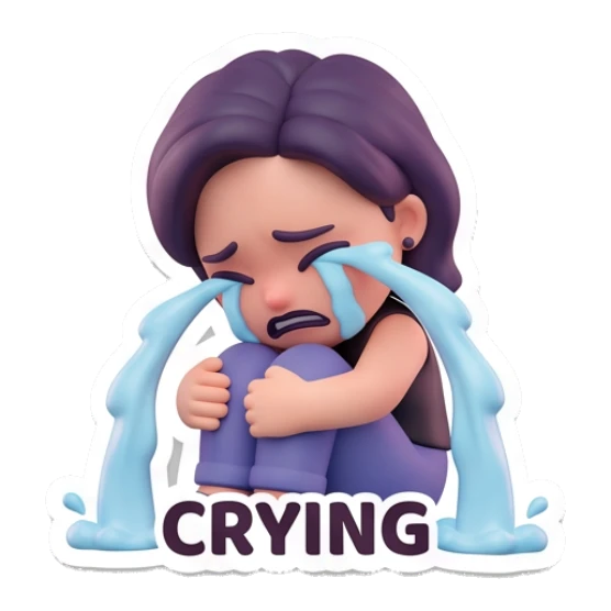 Sad girl sitting and crying with blue tears with text CRYING Modern Chic Girl Expressions sticker for expressive chats and social replies.