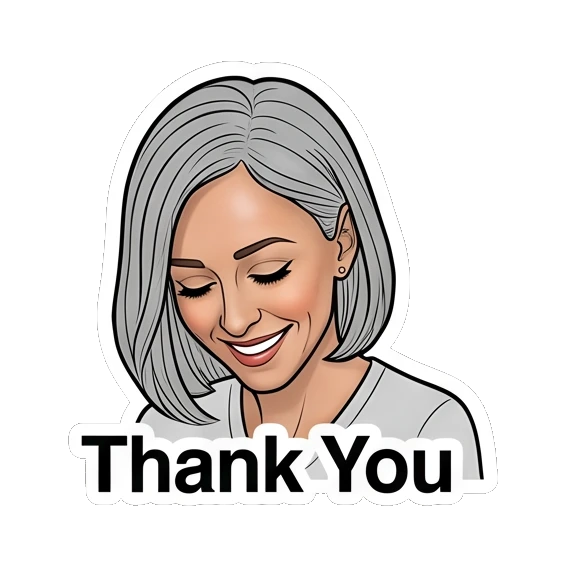 女性低头微笑，礼貌感谢，文字Thank You Modern Woman Daily Vibes sticker for expressive chats and social replies.