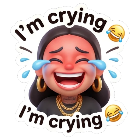 Girl laughing hysterically with tears, text I'm crying. Chic Urban Girl Vibes sticker for expressive chats and social replies.