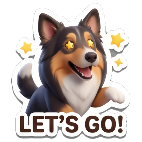 Border Collie excited with star eyes, text LET'S GO! Cheerful Border Collie Expressions sticker for expressive chats and social replies.