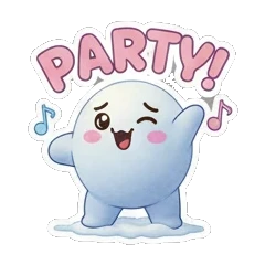 Excited snow creature celebrating with PARTY text. Snowy Buddy Adventures sticker for expressive chats and social replies.