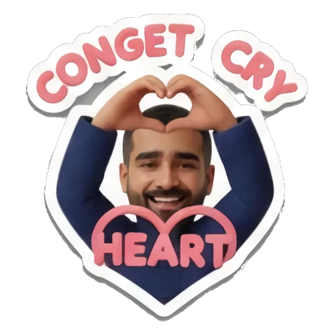 Bearded man making heart shape with hands with text HEART Cheerful Bearded Professional sticker for expressive chats and social replies.