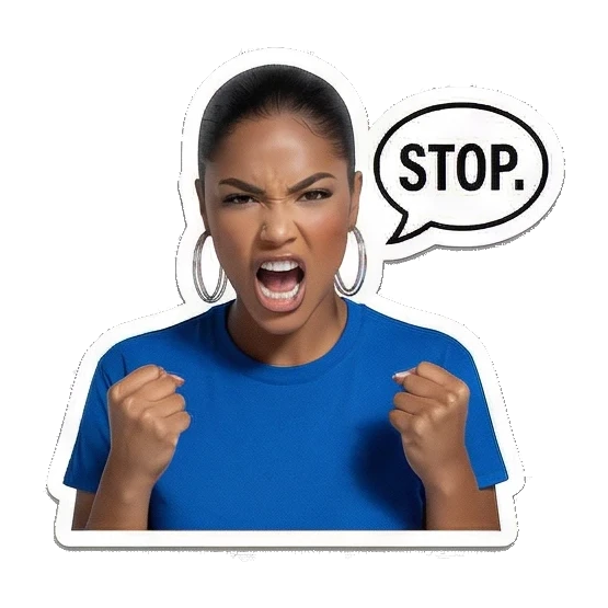 Angry woman shouting Stop Modern Latina Daily Vibes sticker for expressive chats and social replies.