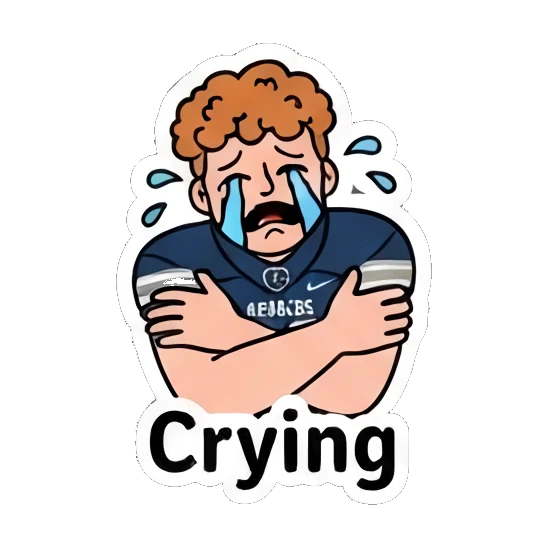 Sad ginger athlete crying with arms crossed with text Crying Ginger Athlete Vibes sticker for expressive chats and social replies.