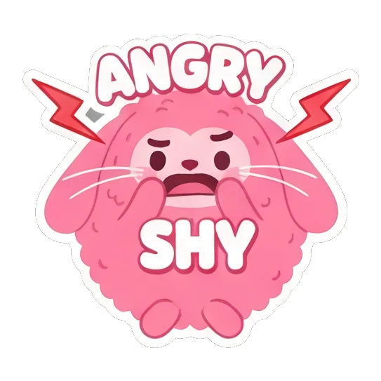 Pink bunny looking shy and flustered with 'SHY' text. Pink Fluffy Bunny Emotions sticker for expressive chats and social replies.