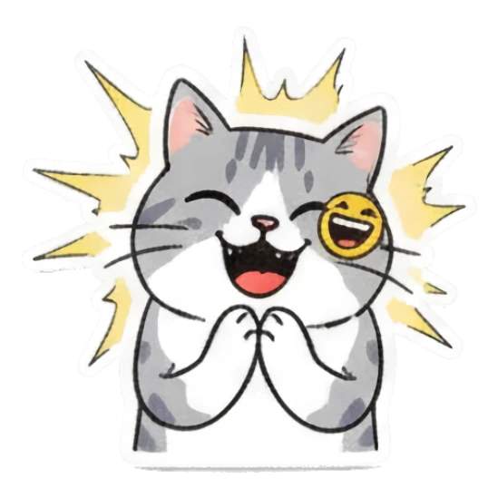 Happy gray cat laughing with sparkles and text Playful Gray Tabby Diary sticker for expressive chats and social replies.
