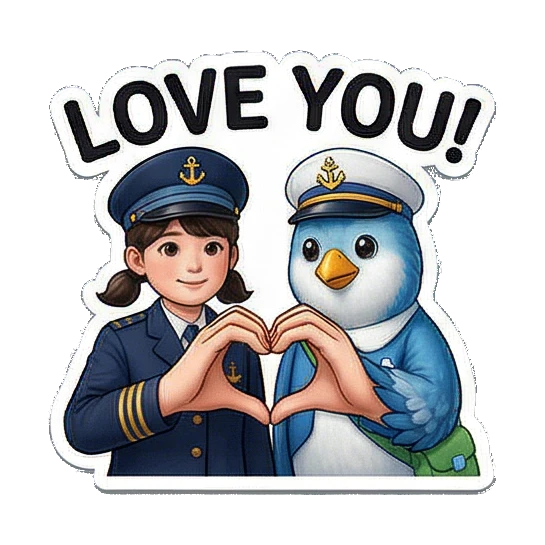 Q版人物与动物搭档 Little Captain & Blue Bird Duo sticker for expressive chats and social replies.