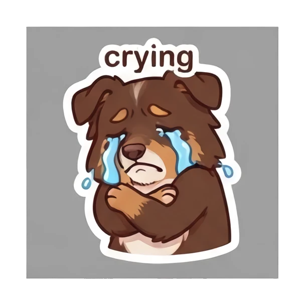 Aussie dog crying with folded arms, looking sad. Cheerful Aussie Buddy sticker for expressive chats and social replies.