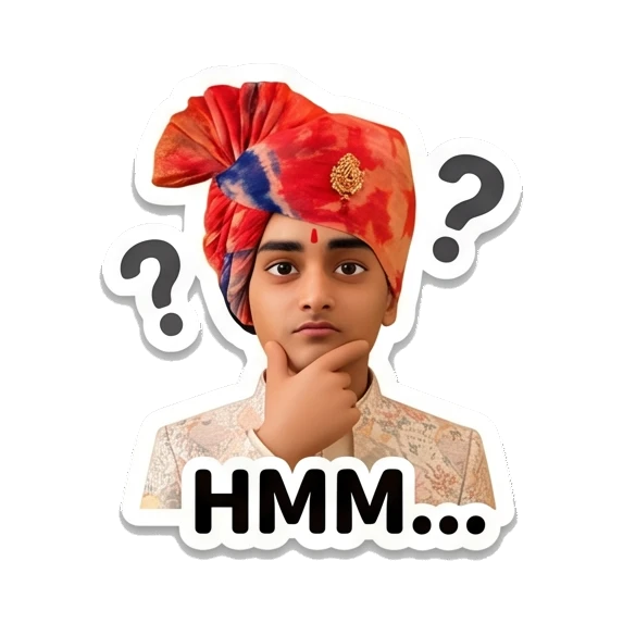 Young Indian boy thinking with a hand on chin and question marks. Indian Prince Expressions sticker for expressive chats and social replies.
