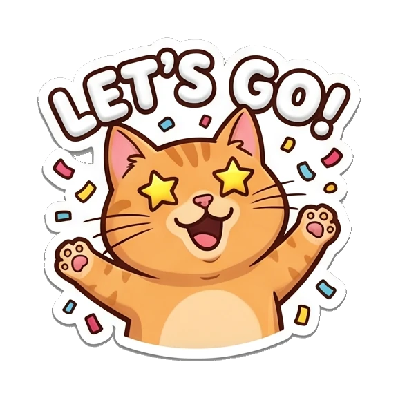 Excited orange cat with star eyes, text LET'S GO Puffy Orange Cat Moods sticker for expressive chats and social replies.
