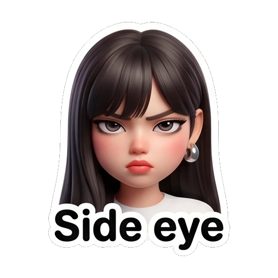 Skeptical girl giving a side eye with 'Side eye' text Cute 3D Girl Expressions sticker for expressive chats and social replies.