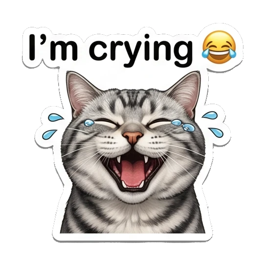 Laughing tabby cat with tears of joy and text I'm crying Fluffy Tabby Moods sticker for expressive chats and social replies.