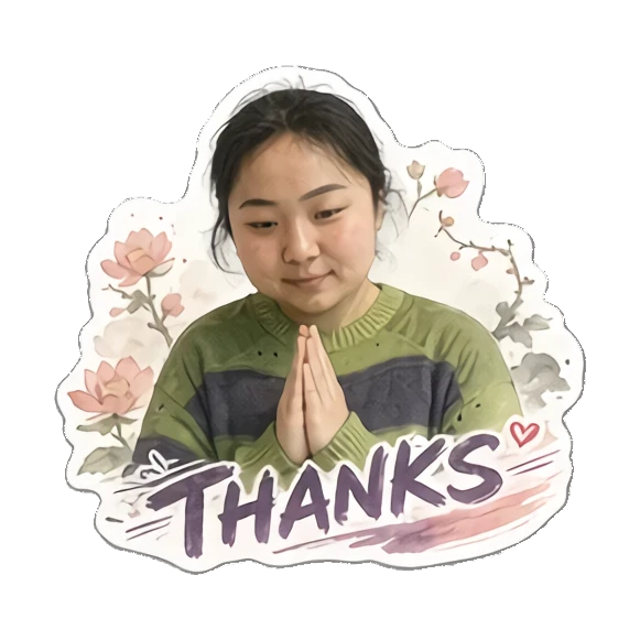 Young woman with hands together in gratitude saying THANKS Cheerful Daily Life of a Young Woman sticker for expressive chats and social replies.