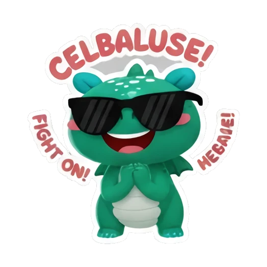 Green dinosaur wearing sunglasses with CELBALUSE and FIGHT ON text Little Green Dino Adventures sticker for expressive chats and social replies.